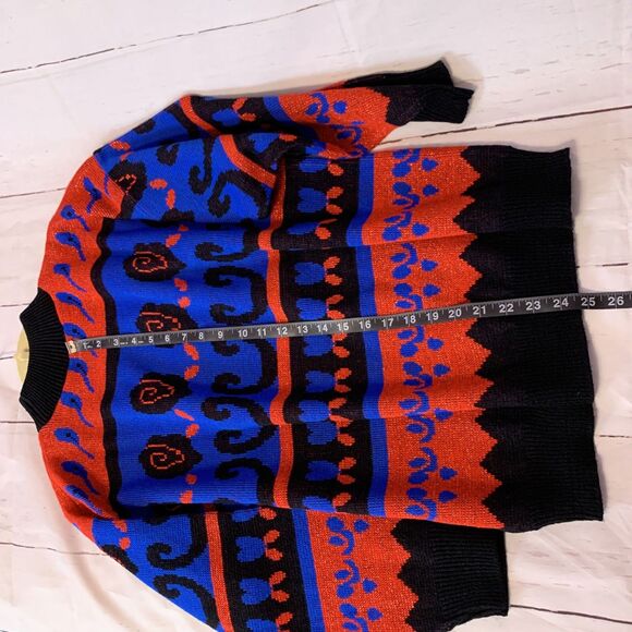 vintage blue red black lurex sweater Dolman Knit acrylic retro unisex hearts M 8 - Picture 9 of 9
